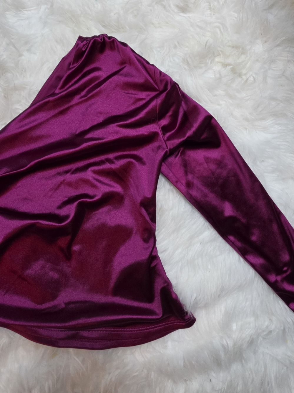 Express Purple Satin One Shoulder Long Sleeve Asymmetrical Top Ruched Draped XS
